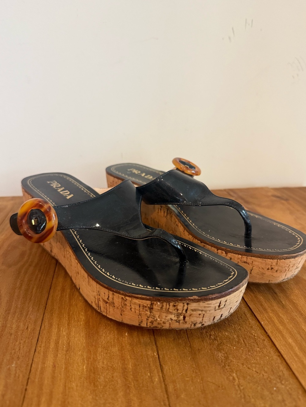 Prada. Vintage Y2K Black Patent Leather Cork Wedge Thong Sandals. Size 39.